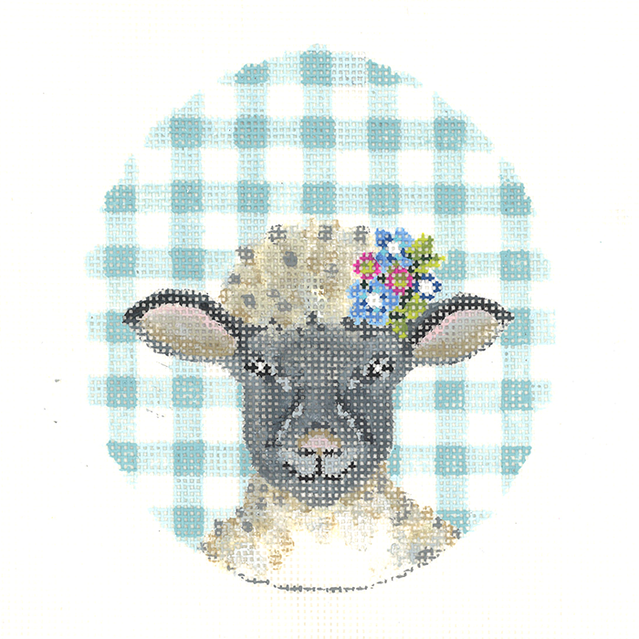 Black Lamb with Flower Crown on Aqua Gingham