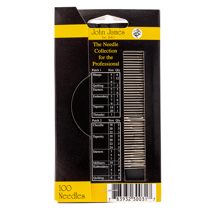 John James needle collection packaging with needle chart on a white background