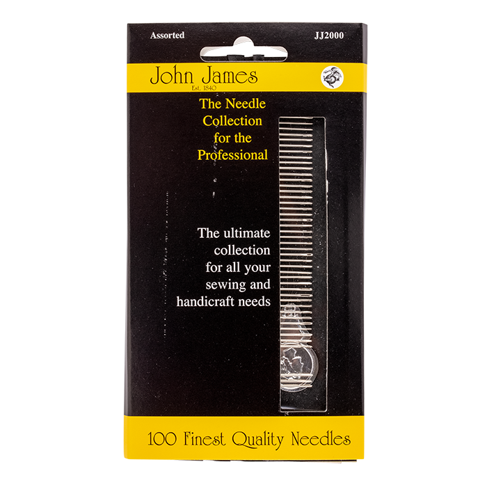 John James needle collection packaging with a comb on a white background