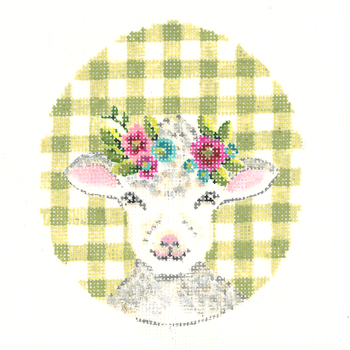 Curly Lamb with Flower Crown on Green Gingham